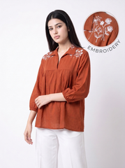 Rust Orange Embroidered Gathered Collar Top