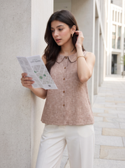 Mocha Beige Peter Pan Collar Sleeveless Button-Down Top
