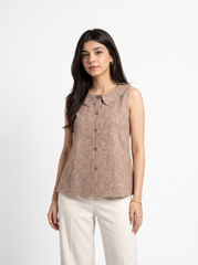 Mocha Textured Peter Pan Collar Button-Front Top