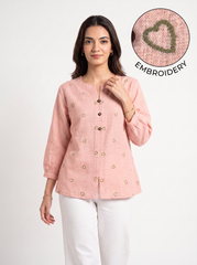 Blush Pink Heart-Motif Embroidered Split-Neck Top