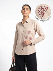 Beige Hand-Embroidered Floral Button-Down Shirt Top