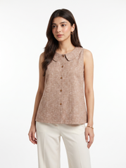 Mocha Textured Peter Pan Collar Button-Front Top