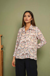 Beige Satin Abstract Print Long Sleeve Shirt for Women Party-Ready Style