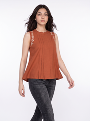Terracotta Vine Embroidered Pleated Sleeveless Top