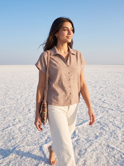 Mocha Taupe Textured Button-Down Relaxed Shirt Top