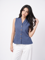 A smart dusty blue sleeveless top featuring a tailored lapel collar for a clean and contemporary look.