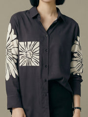 Grey Floral Graphic Button-Down Shirt Top