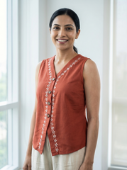 A stylish rust red sleeveless top featuring delicate off-white leaf vine embroidery along the V-neckline and front placket for a refined handcrafted look.