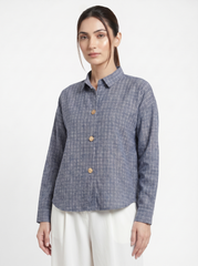 A refined slate blue shirt top featuring a fine white windowpane check for a clean and contemporary look