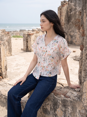 Soft Petal Watercolor V-Neck Button Top