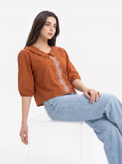 Terracotta Bloom Embroidered Statement-Collar Top