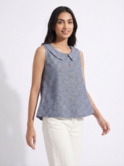 Dusty Blue Peter Pan Collar Sleeveless Button-Down Top