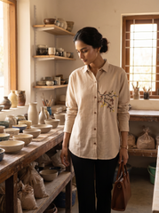 Beige Botanical Hand-Embroidered Shirt Top