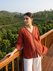 Orange Embroidered V-Neck Button Top