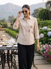 Beige Hand-Embroidered Floral Button-Down Shirt Top