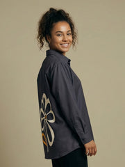 Charcoal Back Floral Graphic Button-Down Shirt Top