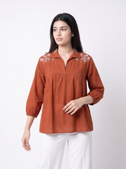 Rust Orange Embroidered Gathered Collar Top