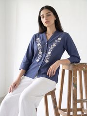 Indigo Bloom Embroidered V-Neck Button-Front Top