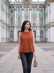 Terracotta Vine Embroidered Pleated Sleeveless Top