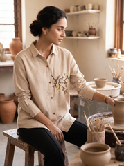 Beige Botanical Hand-Embroidered Shirt Top