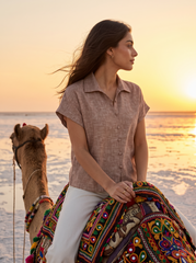 Mocha Taupe Textured Button-Down Relaxed Shirt Top