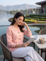 Blush Pink Heart-Motif Embroidered Split-Neck Top