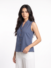 A smart dusty blue sleeveless top featuring a tailored lapel collar for a clean and contemporary look.