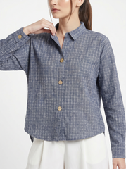 A refined slate blue shirt top featuring a fine white windowpane check for a clean and contemporary look