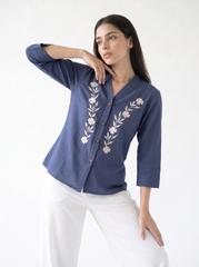 Indigo Bloom Embroidered V-Neck Button-Front Top