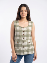 A smart sage green sleeveless top featuring a bold check pattern for a clean, contemporary look.