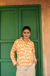 Orange Abstract Cotton Shirt - Modern Collar Neck Style for Ladies