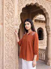 Rust Orange Embroidered Gathered Collar Top