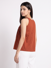 Rust Pleated Sleeveless Flared Top