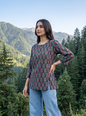 Deep Green Paisley Print Relaxed Tunic Top