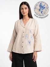 Beige Botanical Embroidered V-Neck Button-Down Top