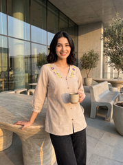 Meadow Bloom Hand-Embroidered Beige V-Neck Top