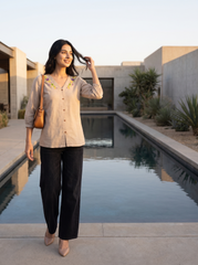 Meadow Bloom Hand-Embroidered Beige V-Neck Top