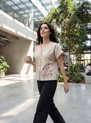 Beige Embroidered V-Neck Top