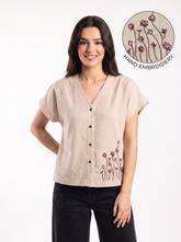 Beige Embroidered V-Neck Top