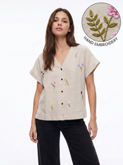 Beige Floral Embroidered V-Neck Top