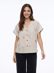 Beige Floral Embroidered V-Neck Top