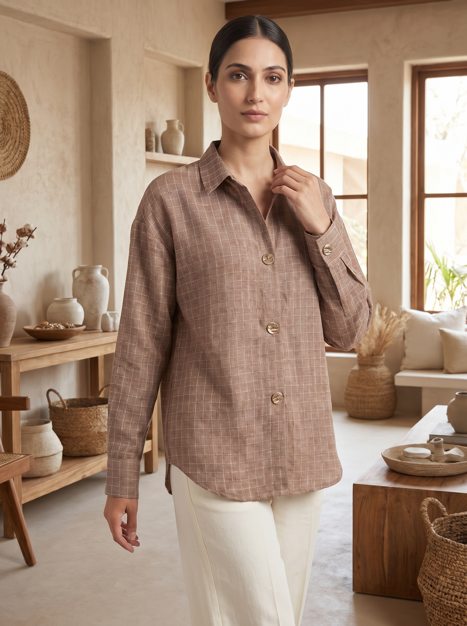 A refined mocha taupe shirt top featuring a subtle windowpane check pattern for a smart, modern look. The classic collar and gold-tone statement buttons add a polished touch, while the relaxed silhouette keeps it comfortable and easy to wear