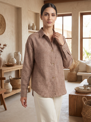 A refined mocha taupe shirt top featuring a subtle windowpane check pattern for a smart, modern look. The classic collar and gold-tone statement buttons add a polished touch, while the relaxed silhouette keeps it comfortable and easy to wear