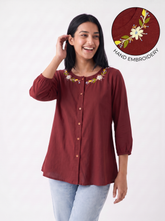 Maroon Floral Embroidered Round Neck Cotton Top