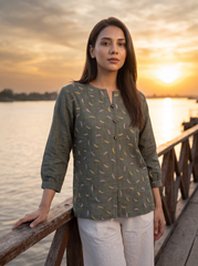 Sage Leaf Embroidered Split-Neck Top