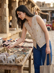 Beige Floral Embroidered V-Neck Button-Down Sleeveless Top