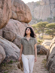 Sage Taupe Textured Collared Button-Down Top