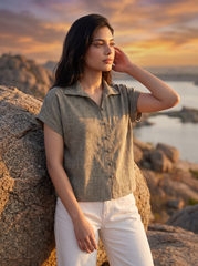 Sage Taupe Textured Collared Button-Down Top