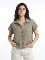 Sage Taupe Textured Collared Button-Down Top