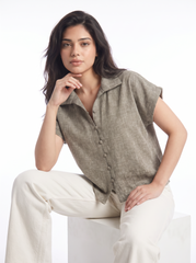 Sage Taupe Textured Collared Button-Down Top